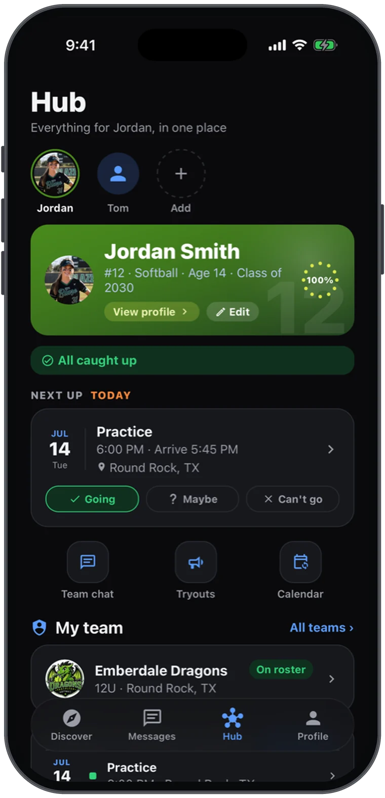 The Athlio Hub — a player's whole season on one screen, with one-tap RSVPs