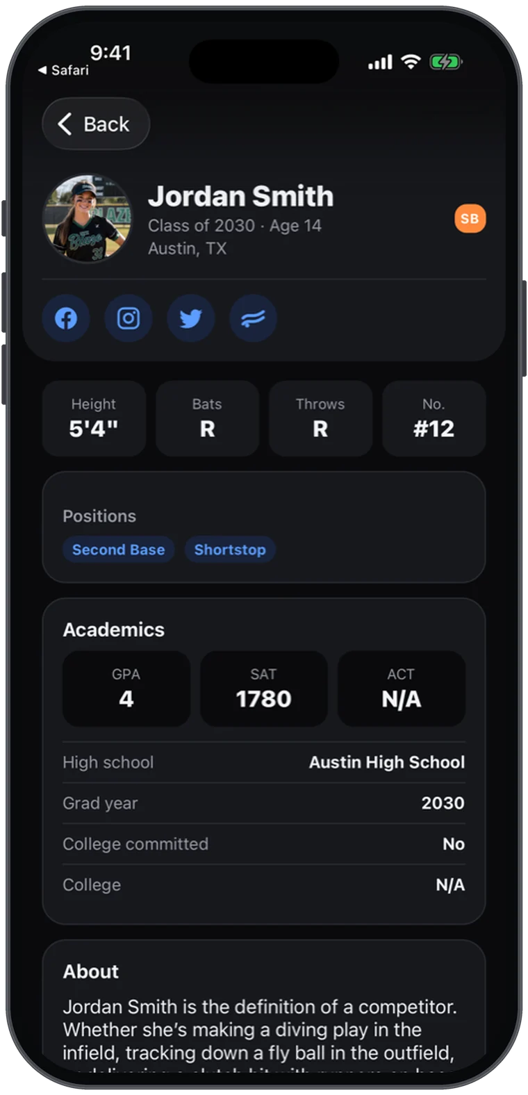 A player profile in Athlio — photo, height, bats/throws, positions and academics on one card